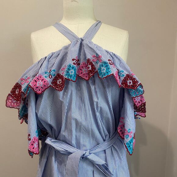 Loft Fiesta Halter Cold Shoulder Poplin Cotton Striped Dress NWT Size M - Picture 3 of 14